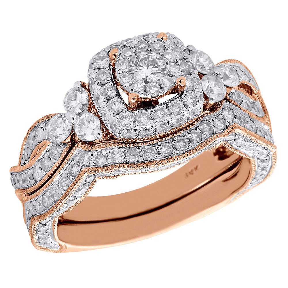 Diamond Bridal Ring Sets
 14K Rose Gold Round Cut Diamond Wedding Bridal Set Antique