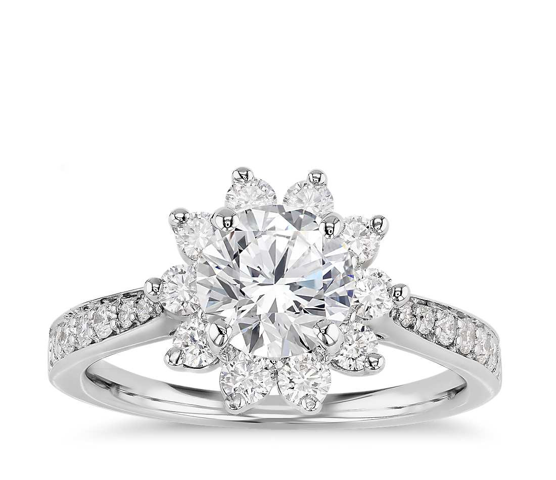 Diamond Bridal Rings
 Starburst Floral Diamond Halo Engagement Ring in 14k White