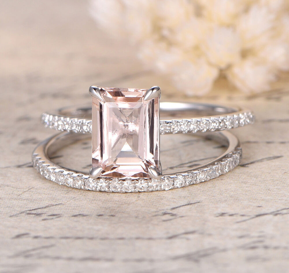 Diamond Bridal Rings
 Claw Prongs 6x8mm Emerald Cut Morganite Pave Diamonds Ring