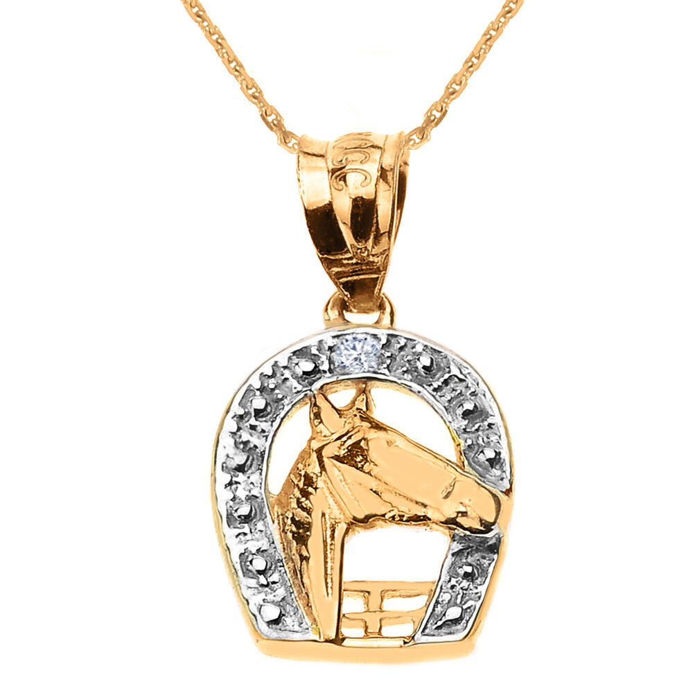 Diamond Horseshoe Necklace
 Yellow 10k Gold Diamond Horseshoe with Horse Head Pendant