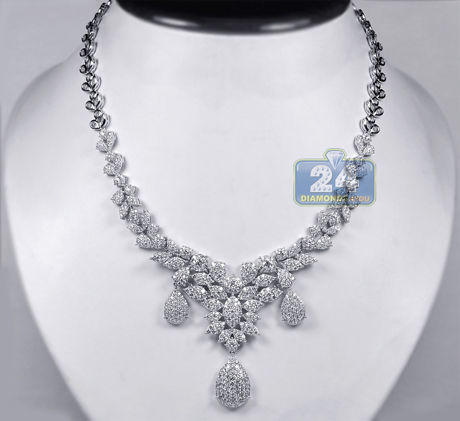 Diamond Necklace Womens
 Womens Diamond Flower Drop Necklace 18K White Gold 15 53ct 18"