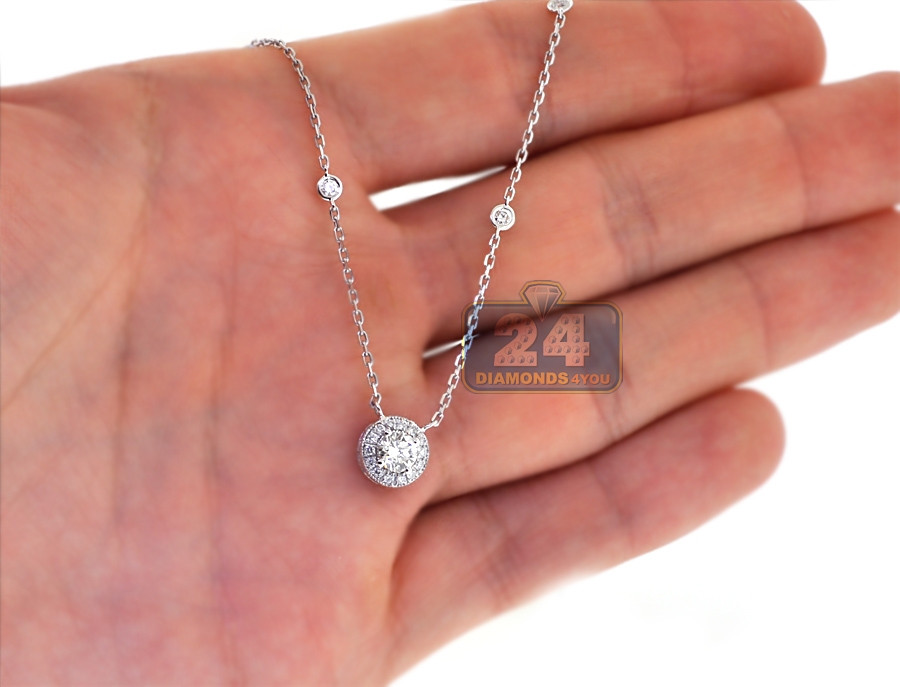 Diamond Necklace Womens
 Womens Diamond Drop Halo Necklace 14K White Gold 0 85 ct
