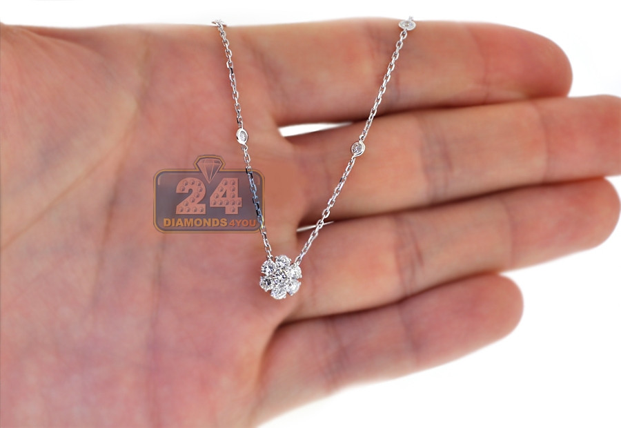 Diamond Necklace Womens
 Womens Diamond Cluster Drop Necklace 14K White Gold 0 97ct 16"