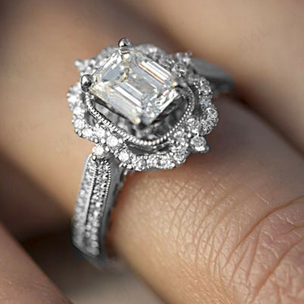 Diamond Slice Engagement Ring
 2 50 TCW Emerald Cut VVS1 Diamond Halo Engagement Ring 14K