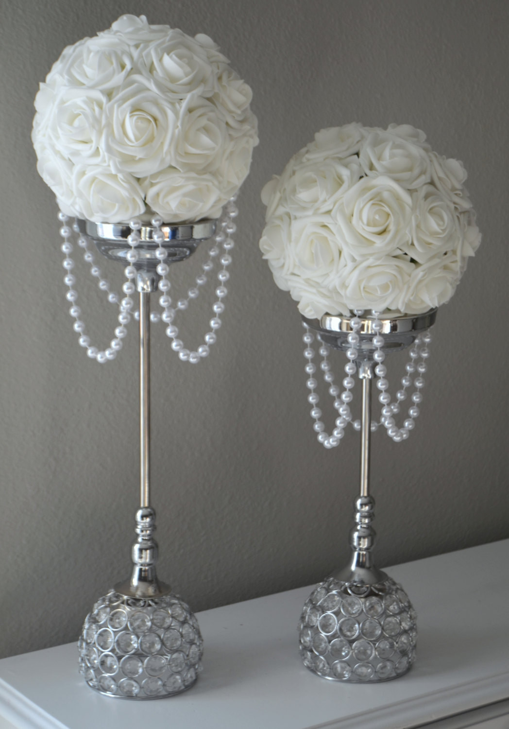 Diamond Themed Wedding
 WHITE Flower Ball With DRAPING PEARLS Wedding Decor Bridal