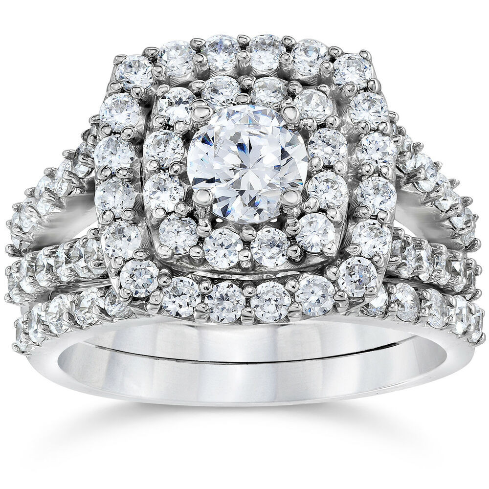 Diamond Wedding Ring Sets
 2 Carat Diamond Cushion Halo Engagement Wedding Ring Set