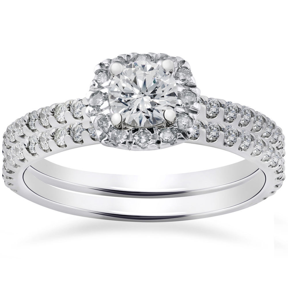 Diamond Wedding Ring Sets
 7 8ct Cushion Halo Diamond Engagement Ring Set 14K White