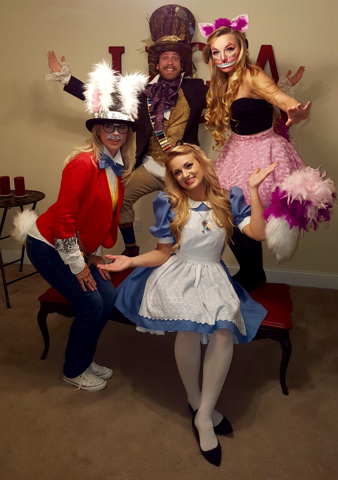 Disney Halloween Party Costume Ideas
 Bunny mad hatter Cheshire Cat and Alice in wonderland