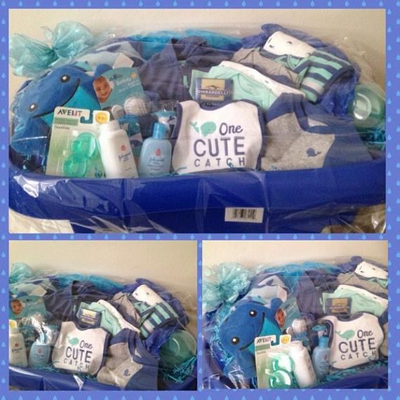 DIY Baby Boy Gift
 Items similar to Blue "cute catch" baby boy t basket w