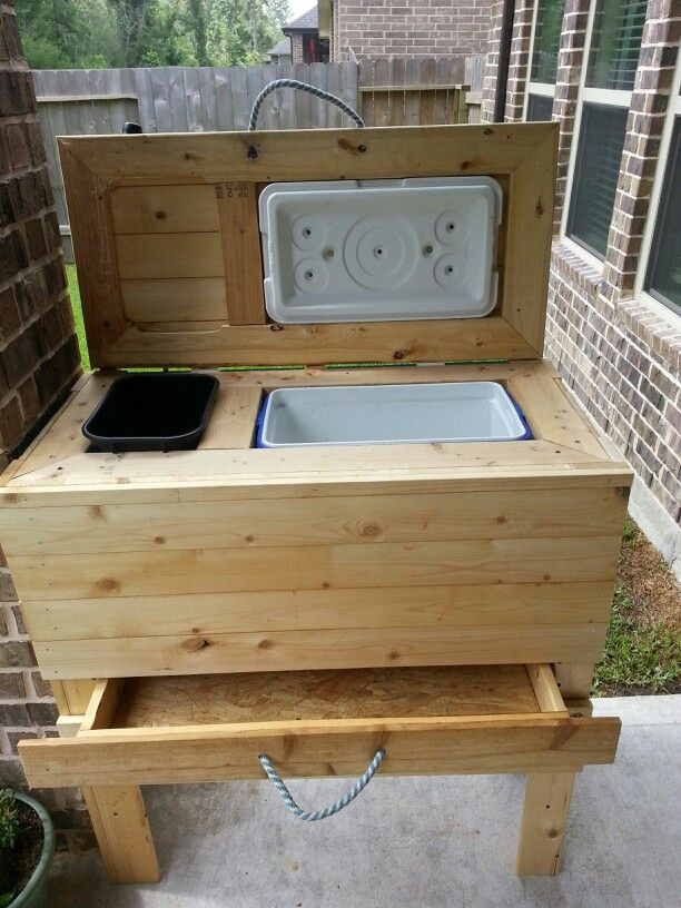 DIY Cooler Box Plans
 Diy cooler trash can stand w drawer for patio Hubby did a