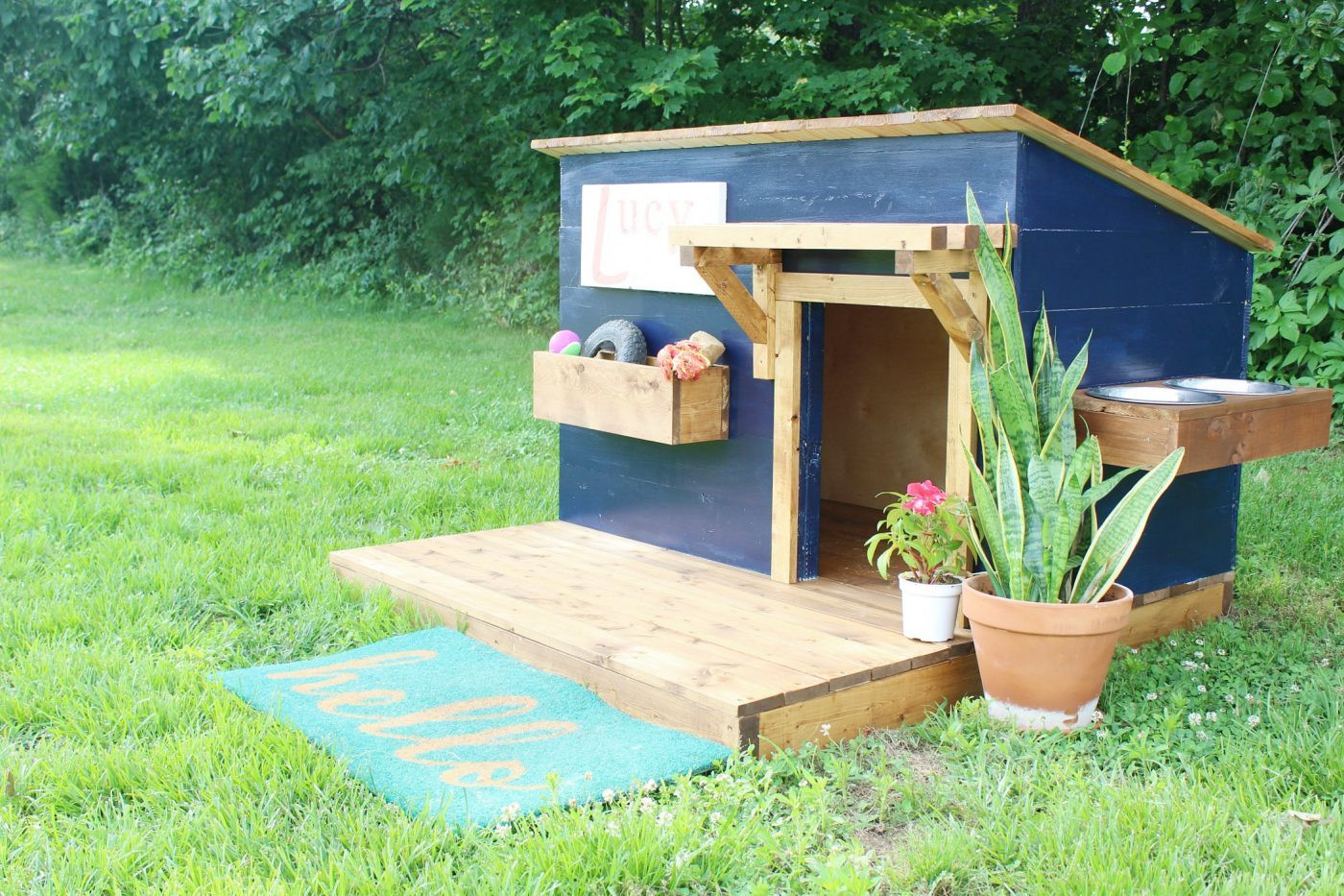 DIY Dog House Ideas
 DIY Doghouse with Deck Toy Box and Food Bowl
