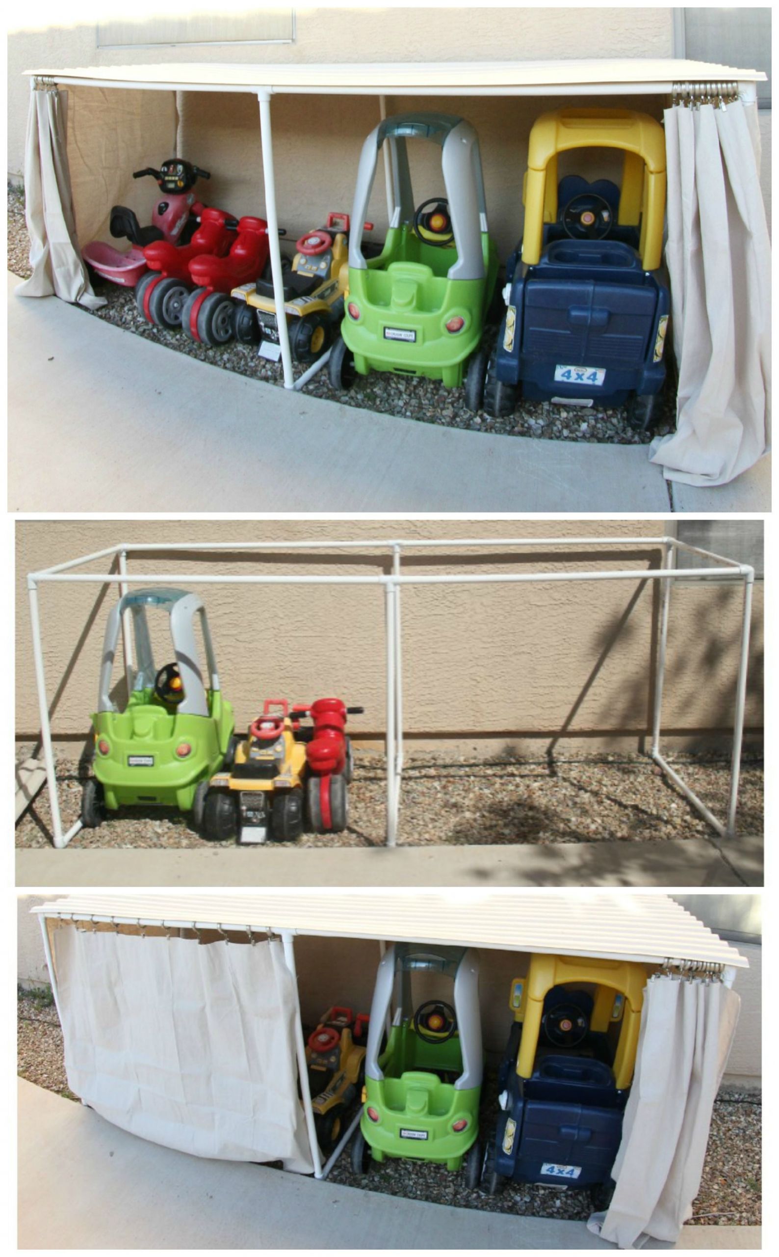 DIY Outdoor Storage Ideas
 Needs to be a little taller for big kid bikes DIY Covered