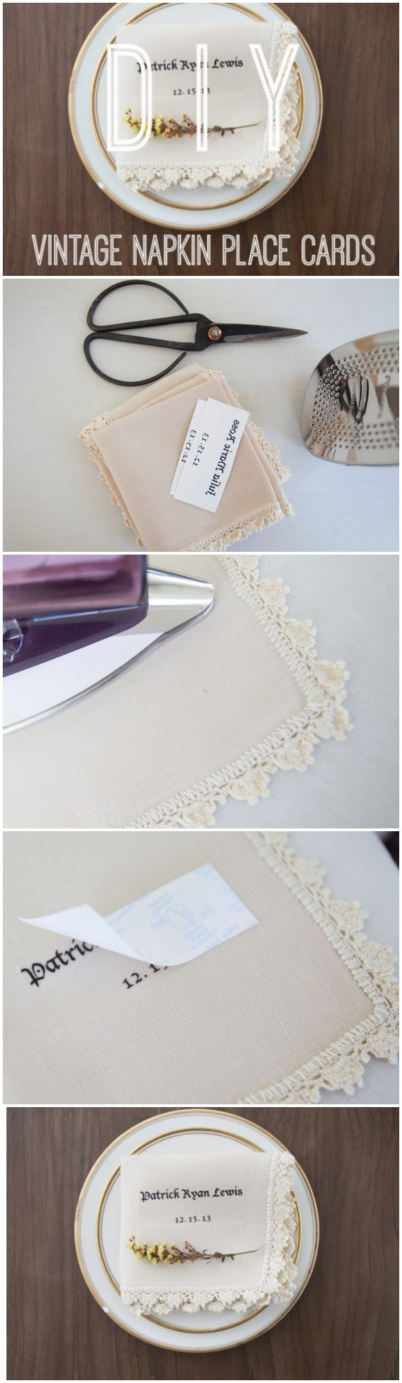 DIY Wedding Place Card Holder
 How to Make Personalized Vintage Napkins Rustic Wedding Chic