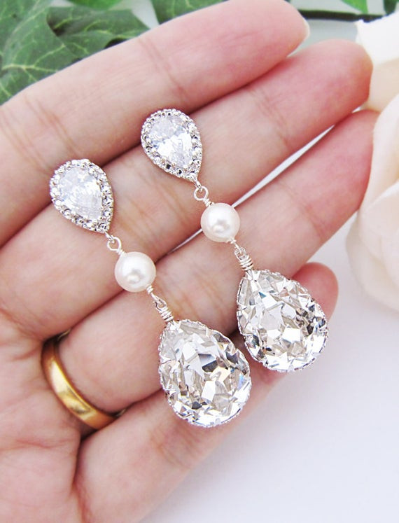 Earrings For Bridesmaids
 Bridal Earrings Swarovski Crystal with Pearl Drop Earrings