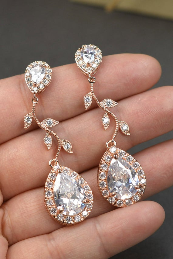 Earrings For Bridesmaids
 Rose gold Crystal Bridal earrings Wedding jewelry set Wedding