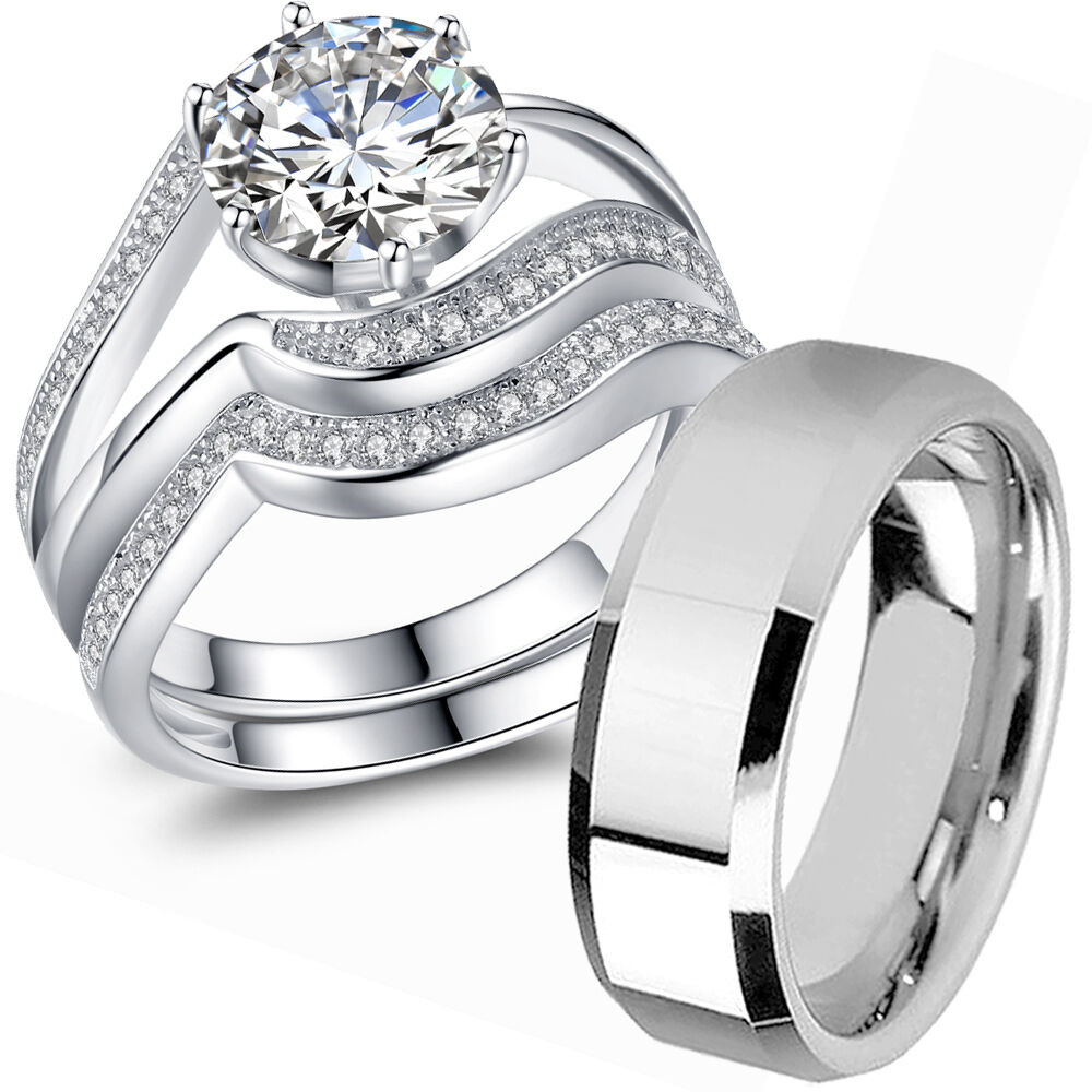 Ebay Wedding Ring Sets
 Couple Wedding Ring Sets His and Hers 925 Sterling Silver