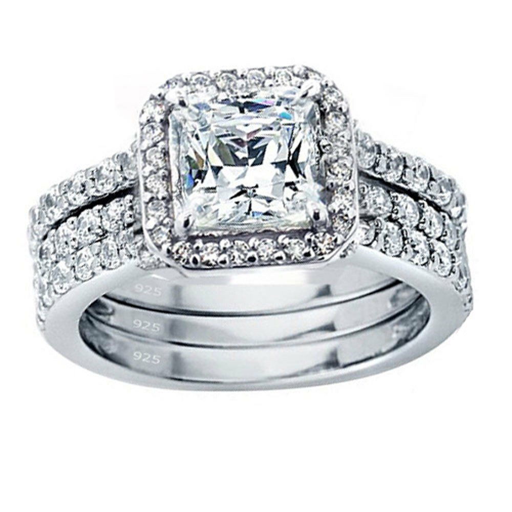 Engagement Rings For Women Princess Cut
 3 PCS Women Princess Cut 925 Solid Sterling Silver Wedding