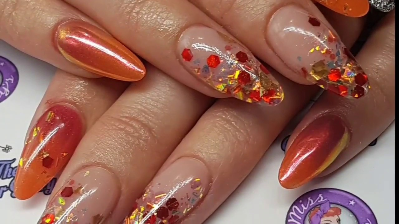 Falling Glitter Nails
 Autumn crackle Acrylic Nails Ombre Pigment Glitter
