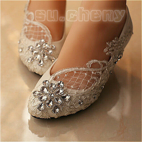 Flat Wedding Shoes For Bride
 Lace white ivory crystal Wedding shoes Bridal flats low
