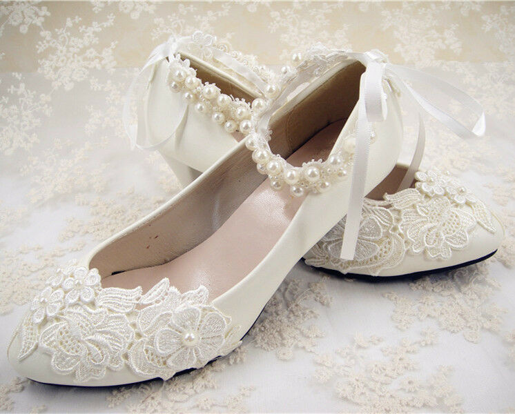 Flat Wedding Shoes For Bride
 Handmade f White Lace Bridal Shoes Flat Ankle Strap