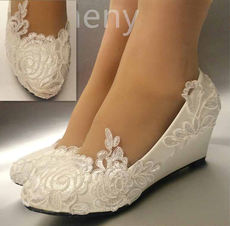 Flat Wedding Shoes For Bride
 White light ivory lace Wedding shoes flat low high heel