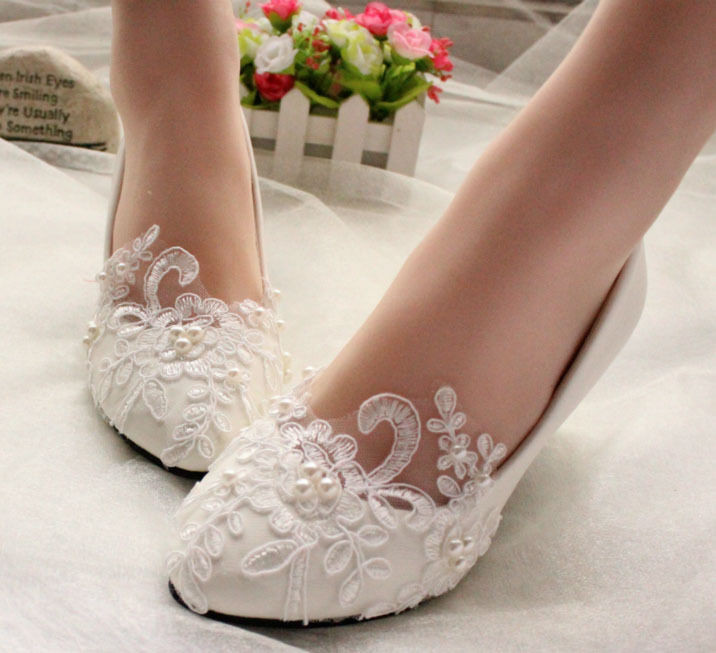 Flat Wedding Shoes For Bride
 Lace Wedding Shoes Pearls Bridal shoes High Low Heels flat