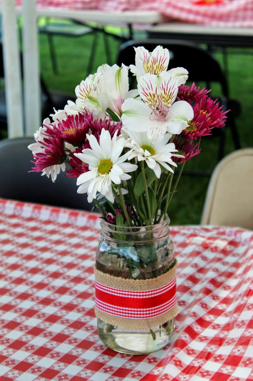 Flower Arrangement Ideas For Engagement Party
 I DO BBQ Flower Centerpiece in Mason Jars Couples