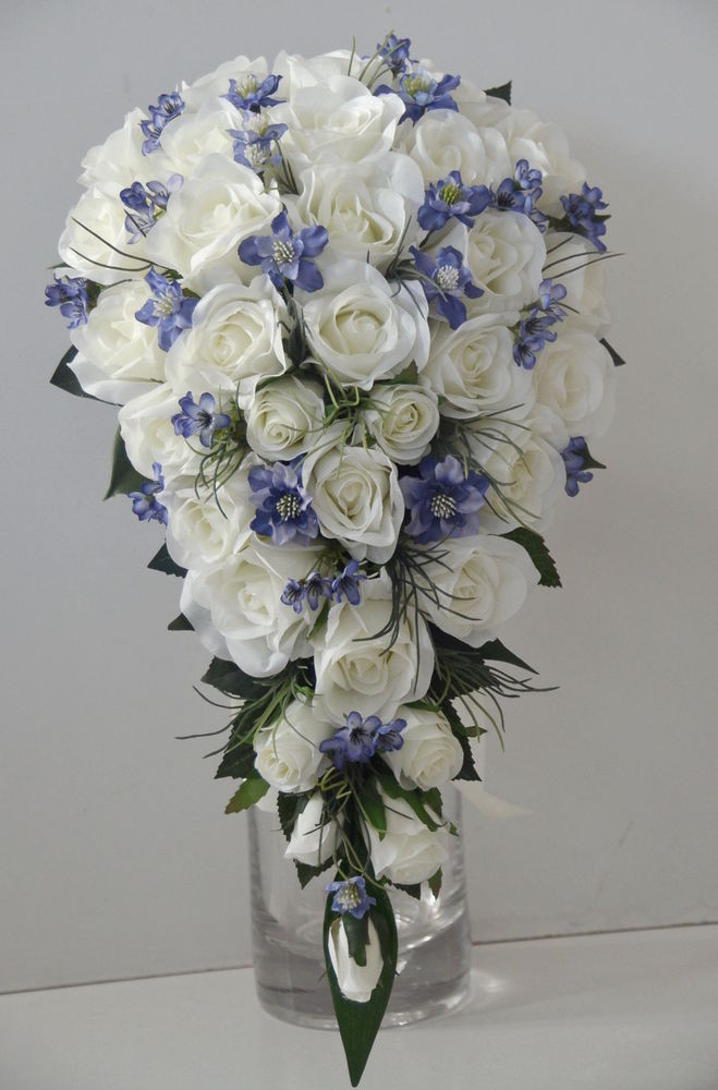 Flowers For Wedding Bouquet
 Silk wedding bouquet cream white roses blue gyp flowers