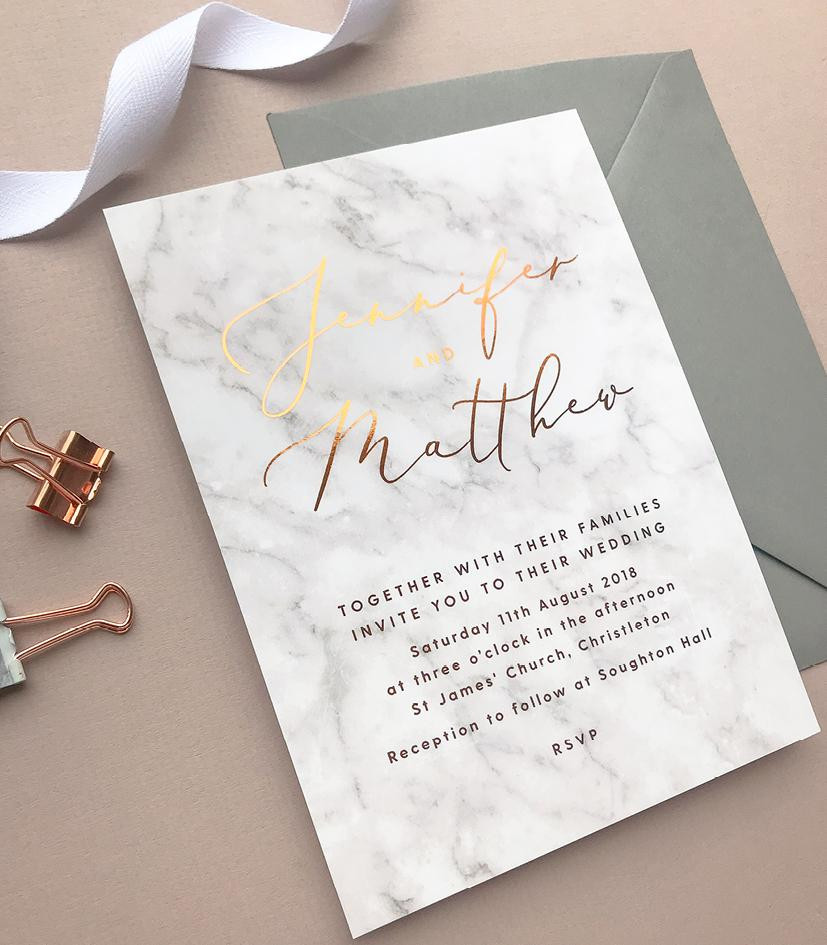 Foil Wedding Invitations
 Marble copper foil printed Wedding Invitations – Project
