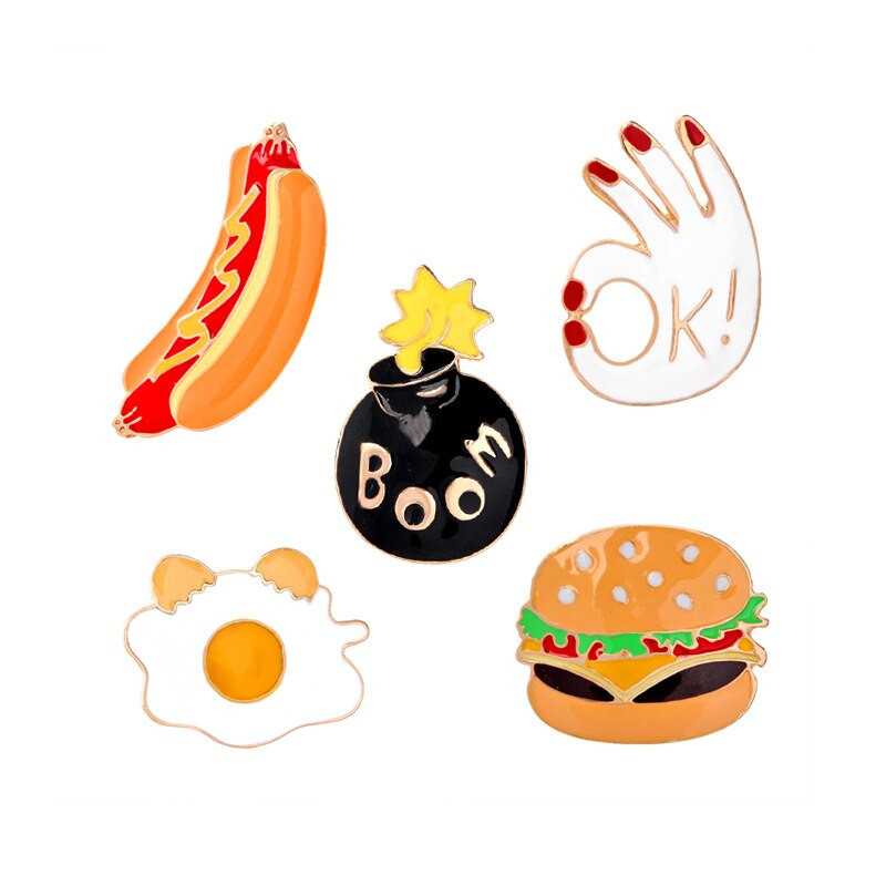 Food Pins
 Hamburger Hot Dog OK BOOM Poached Eggs Brooch Pins Cartoon