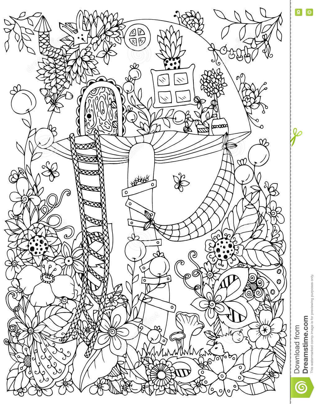 Forest Coloring Pages For Adults
 Vector Illustration Zen Tangle Doodle House The Fungus