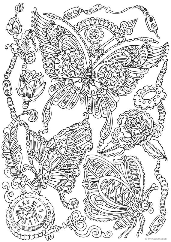 Free Coloring Pages For Adults Printable
 Steampunk Butterflies Printable Adult Coloring Page from