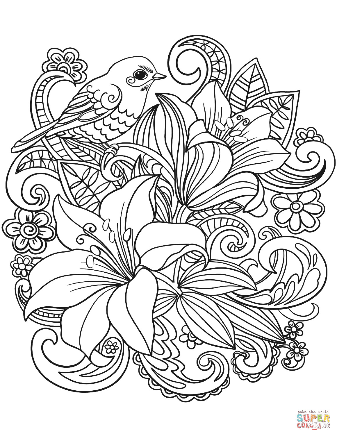 Free Coloring Pages For Girls Flowers
 Skylark and Flowers coloring page