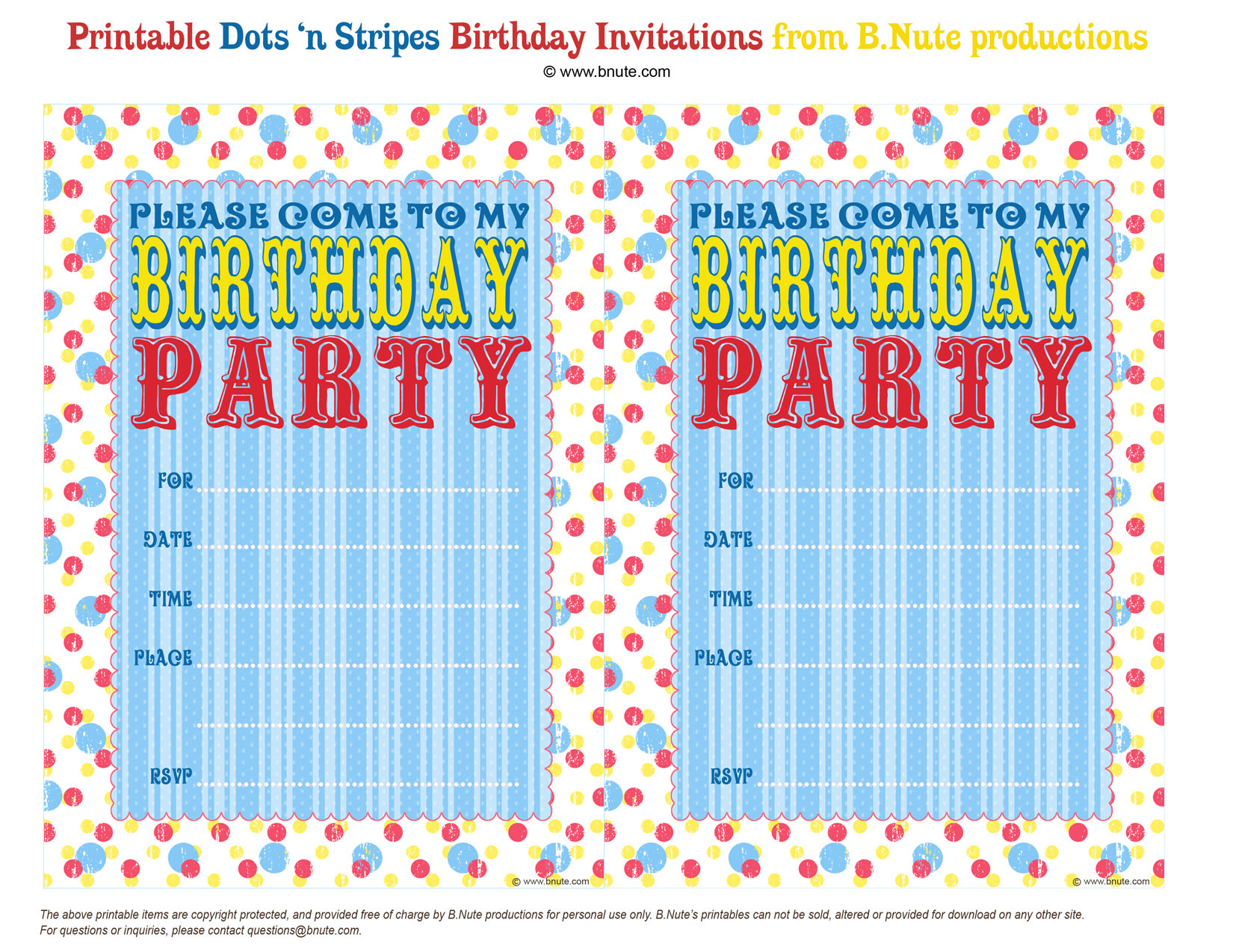 Free Printable Birthday Invitation
 bnute productions Free Printable Dots n Stripes Birthday