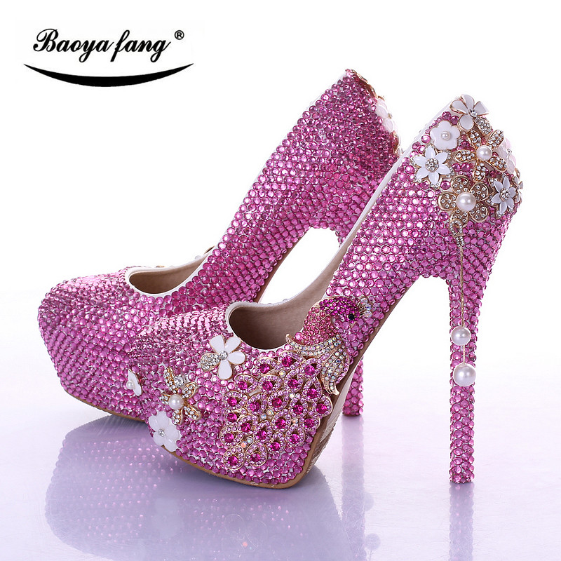 Fuschia Shoes For Wedding
 BaoYaFang Brand Luxury Fuschia crystal Womens Wedding