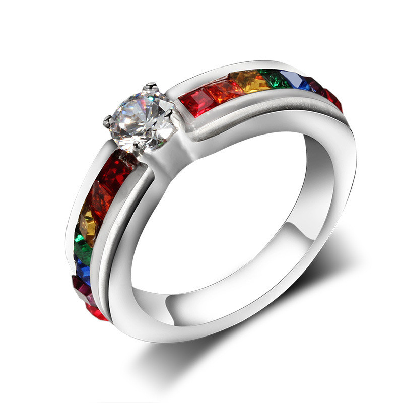 Gay Wedding Rings
 Female Titanium Steel Jewelry Zircon Rainbow Stainless