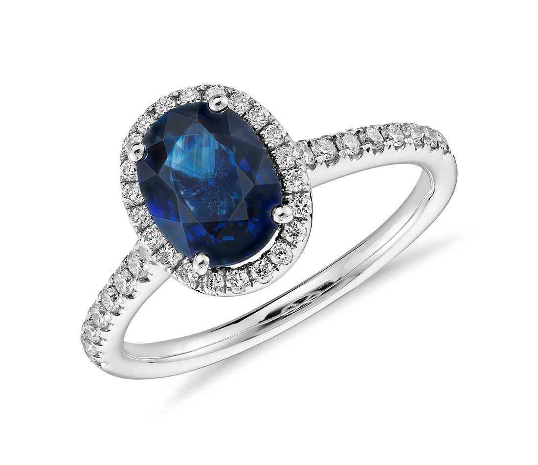 Gemstone Engagement Rings
 Sapphire and Micropavé Diamond Halo Ring in 14k White Gold