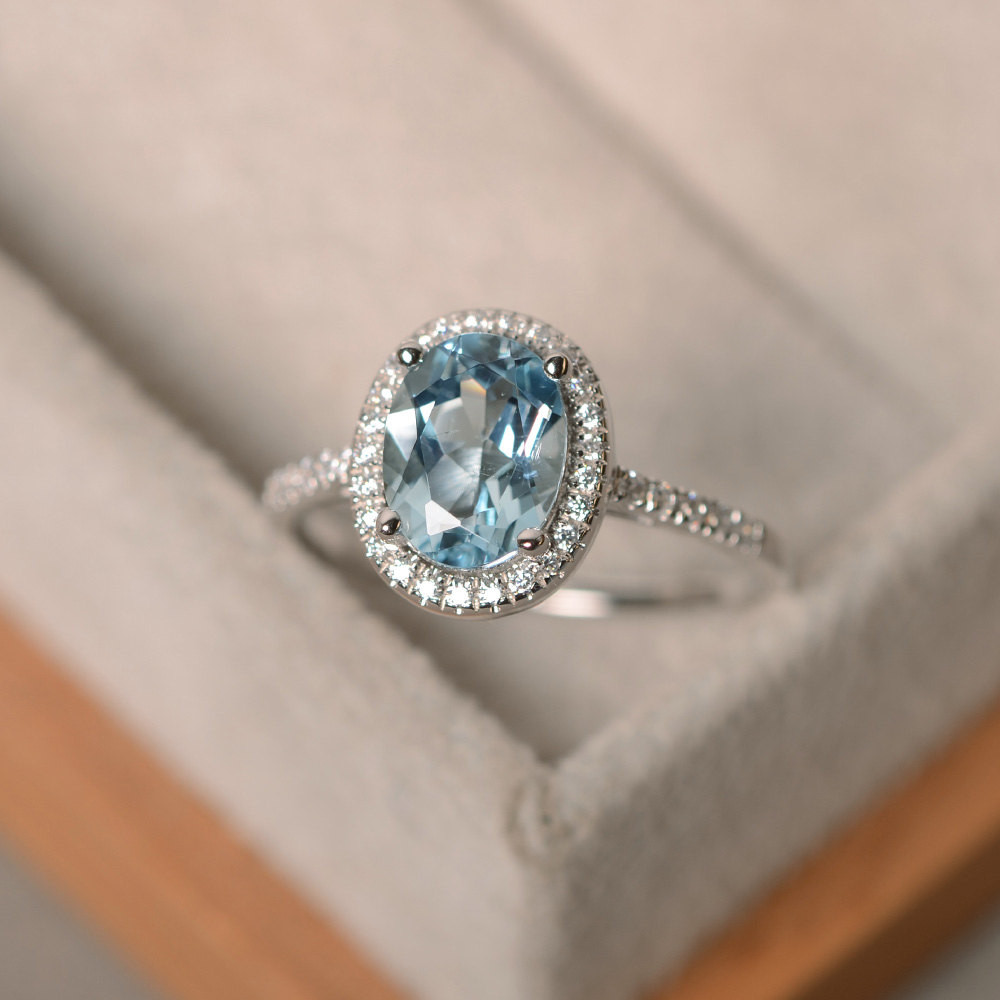 Gemstone Engagement Rings
 March birthstone aquamarine ring sterling silver halo ring