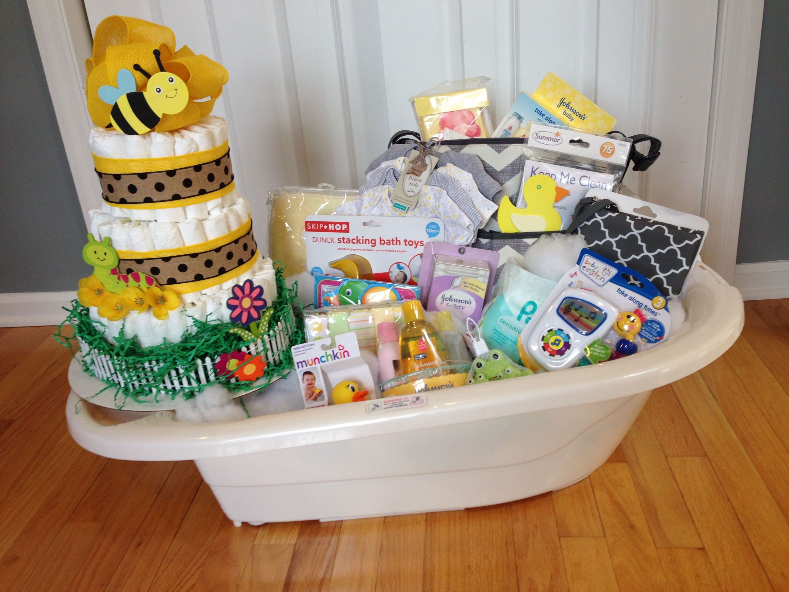 Gender Neutral Baby Gift Baskets
 Baby Shower gender neutral bath tub basket and diaper