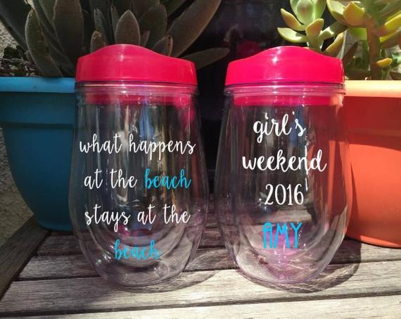 Girls Weekend Gift Ideas
 Items similar to What Happens at the Beach Wine Glass