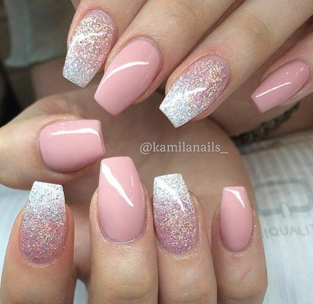 Glitter Dip Nails
 Blushing pink glitter short coffin nails