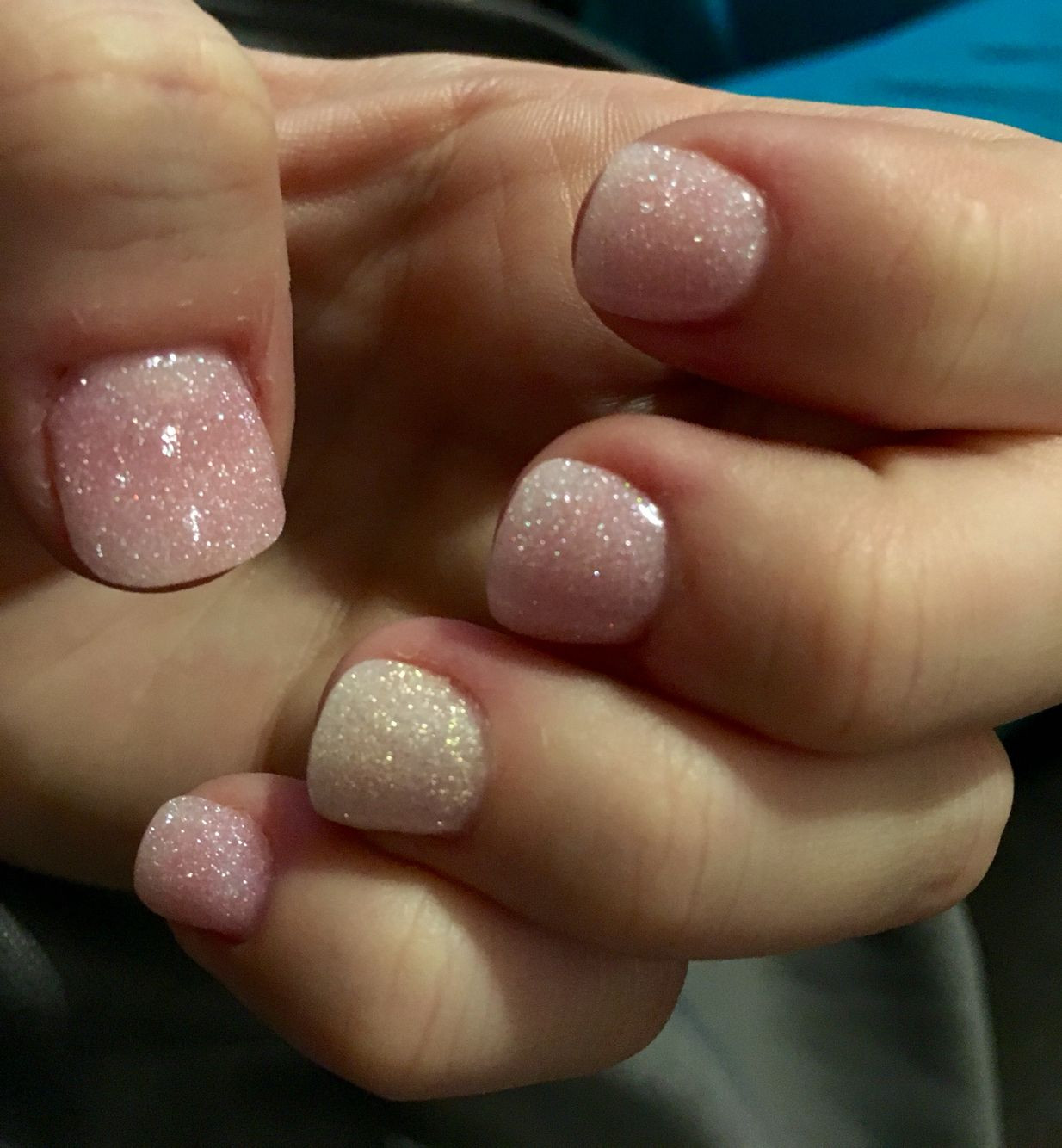 Glitter Dip Nails
 Pink glitter white glitter powder dipped nails Manicure