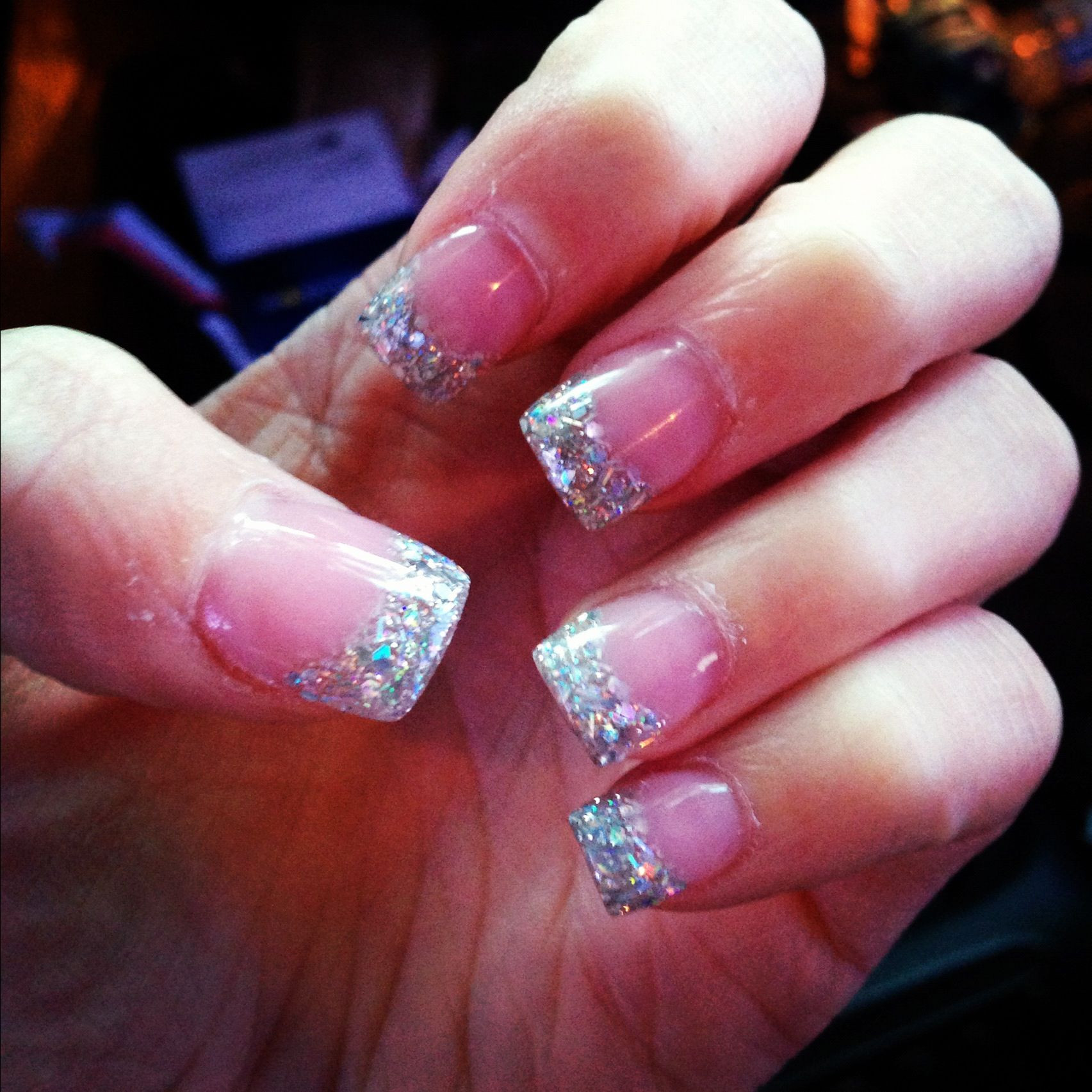 Glitter Tip Acrylic Nails
 Pink and white acrylic with glitter tips