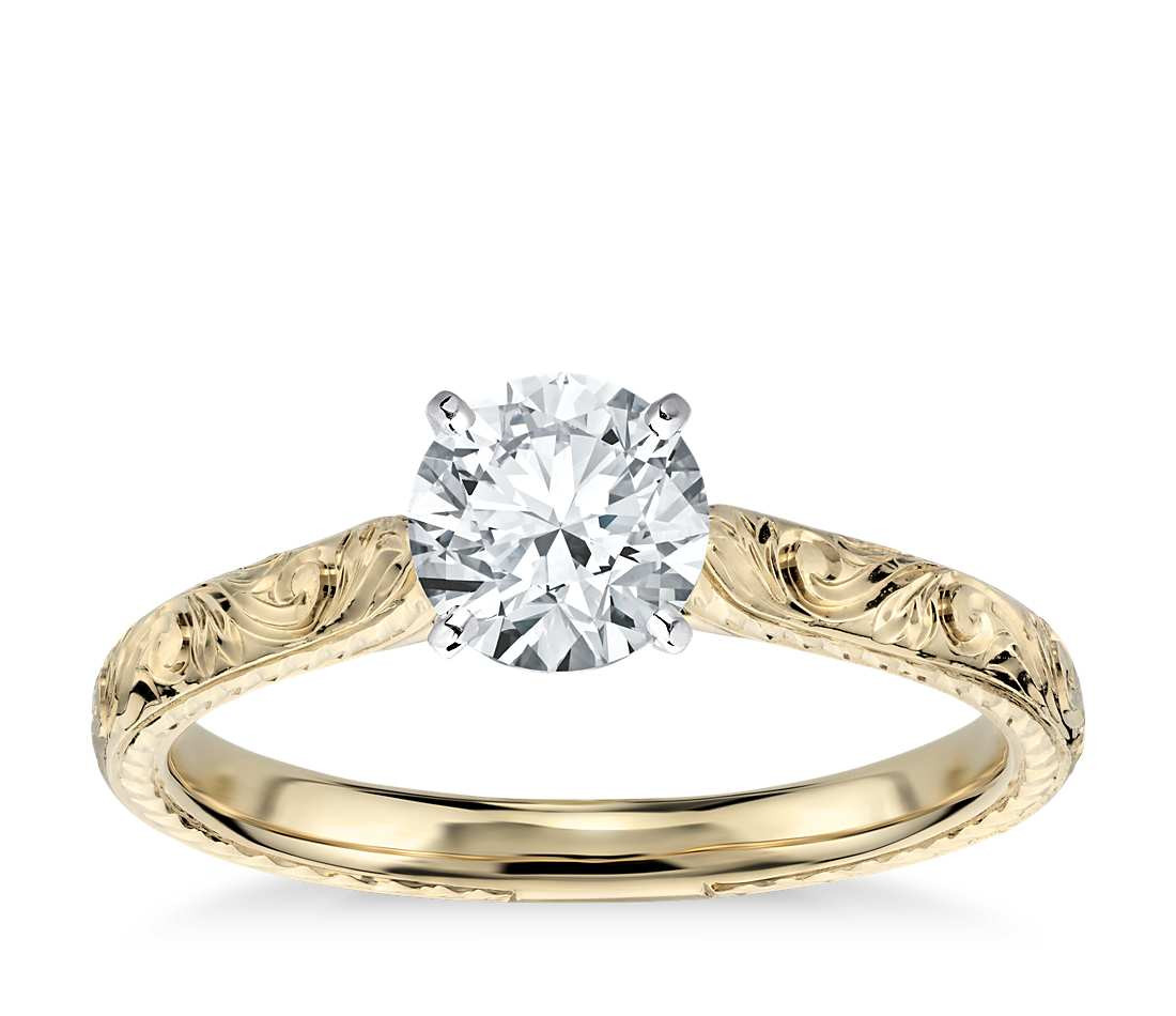 Gold And Diamond Rings
 Hand Engraved Solitaire Engagement Ring in 18K Yellow Gold