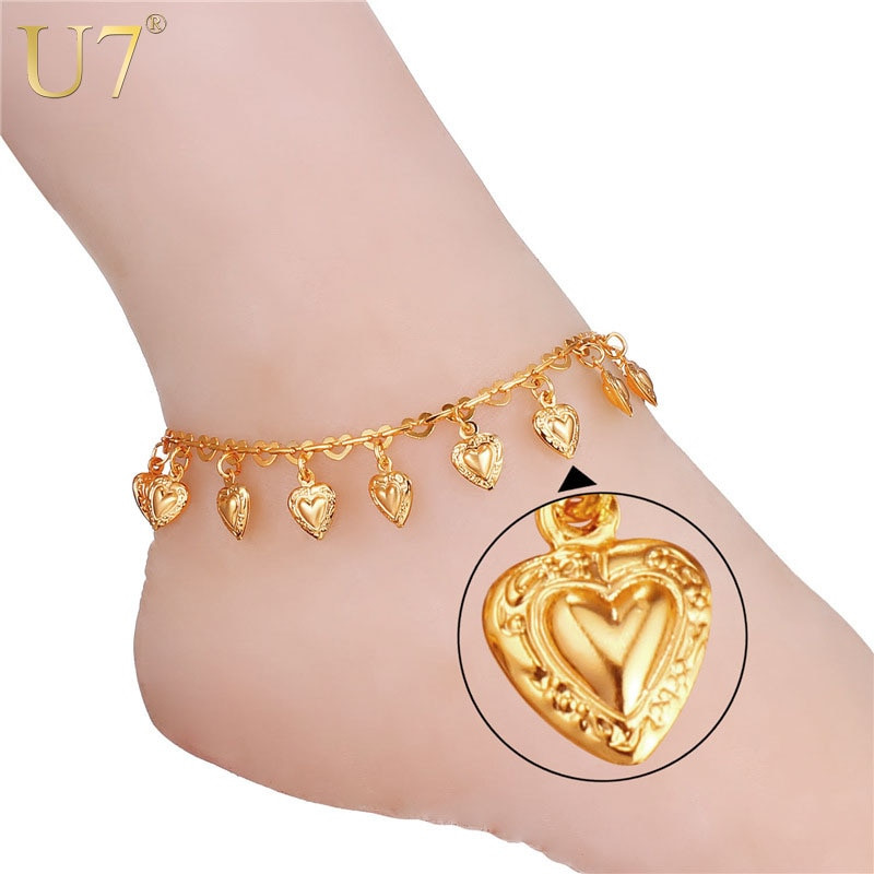 Gold Anklet Bracelet
 U7 Heart Charms Ankle Bracelet Leg Gold Color Summer