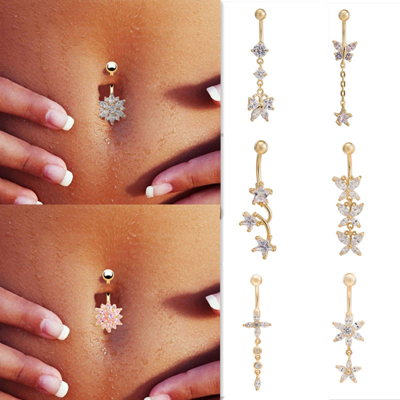 Gold Body Jewelry
 2015 Star Flower navel ring bars 14G 18K gold body