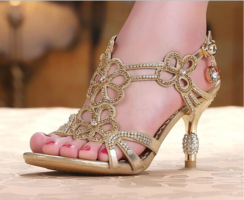 Gold Dress Shoes For Wedding
 Gold & Blue Sandal Floral Crystal Rhinestones 8cm High