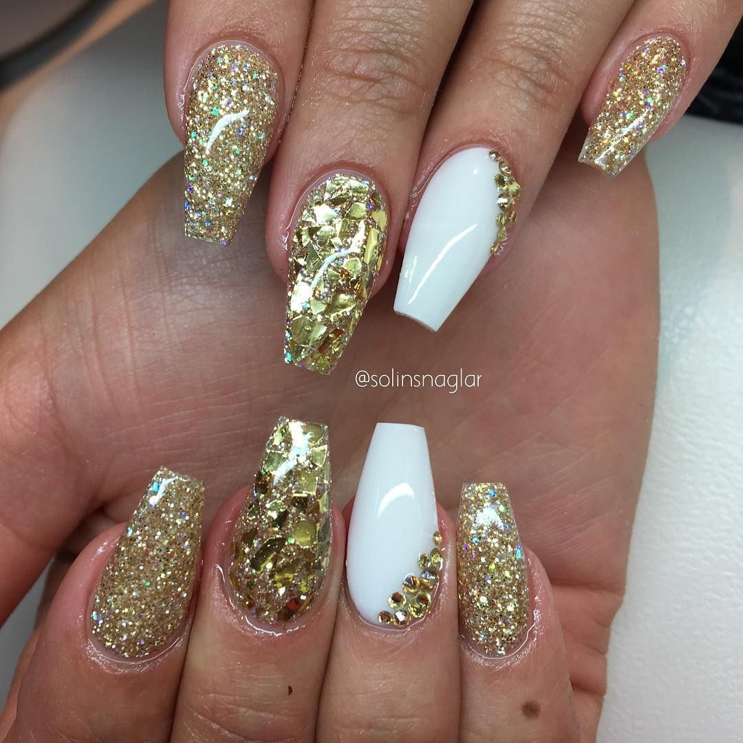 Gold Glitter Gel Nails
 Gold Glitter Gold Flakes White Coffin Nails nail