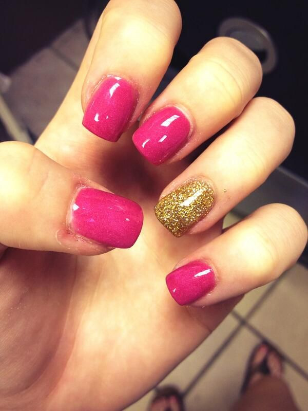 Gold Glitter Gel Nails
 Pink and gold glitter gel acrylic nails