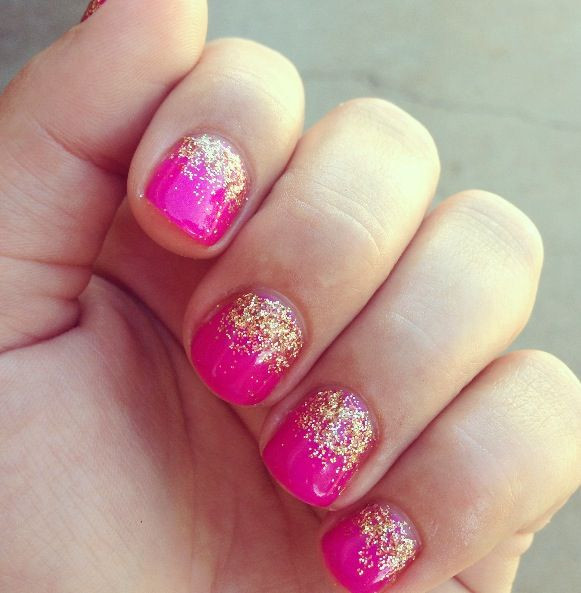 Gold Glitter Gel Nails
 Hot pink gel nails with gold glitter Renee Allusions
